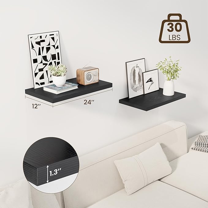 24" Floating Shelves for Wall, 12" Deep Slim Black Floating Shelves, Wall-Mounted Shelves for Bedroom, Living Room, Kitchen, Bathroom - Set of 2-CasaMuseHome
