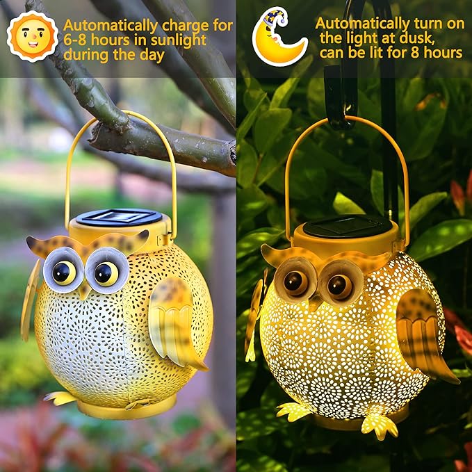 2 Pack Hanging Solar Lanterns - Garden Light Waterproof Metal Decorative Solar Lantern Lights Outdoor for Patio Yard Table Pathway with Owl Pattern-CasaMuseHome