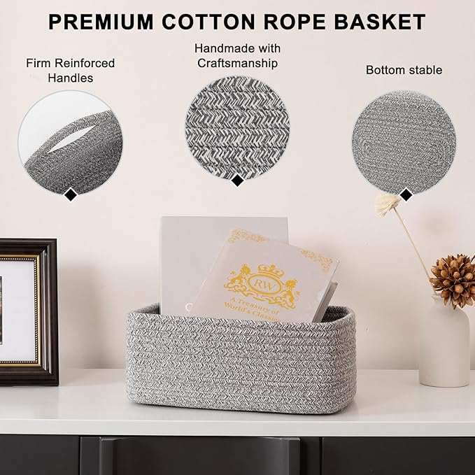4 Pack Small Storage Shelf Baskets for Organizing, Mini Woven Rope Storage Bins for Towels, Cute Decorative Closet Organizer，Baby Nursery, Gift Empty Baskets -11.81''Lx7.87''Wx4.72''H-Grey-CasaMuseHome