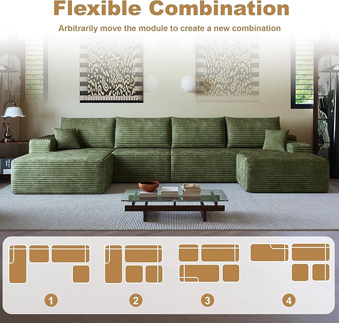 108" Sectional Couches for Living Room Modern Modular Sofa with L-Shape Couchs Upholstered Boneless Couch Deep Seat Sectional Couch with Chaise (Green, Left Facing Chaise+3Seaters+Ottoman)-CasaMuseHome