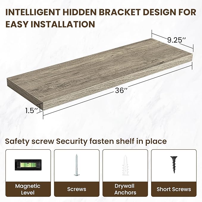 36 Inch Floating Shelves, 12 Inch Deep Floating Shelves for Wall, Floating Shelf with Invisible Brackets, Deep Shelves for Bathroom, Bedroom, Living Room, 2 Pack, Vintage Gray Oak-CasaMuseHome
