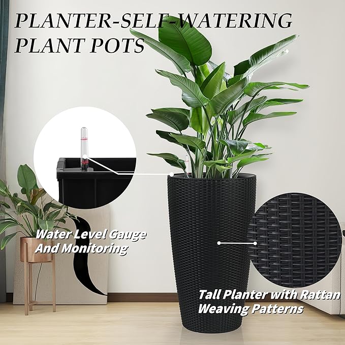 2Pack 22" High Modern Plant Pots Planter-Self-Watering Indoor/Outdoor Planting with Drain Holes, Water Level Monitor, Inner Bucket for Front Porch Patio, Black Rattan Conical-CasaMuseHome