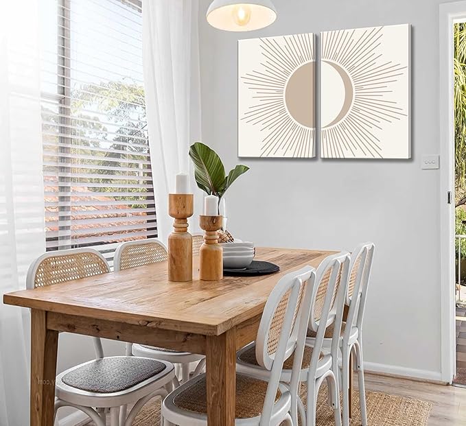 2Pcs Minimalism Boho Canvas Wall art Mid Century Modern Beige and White Sun and Moon Geometric Abstract Painting Pictures Wall Decor Posters Print Artwork for Bedroom Living Room Decoration-CasaMuseHome