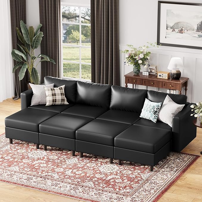 118.5" Luxury Modular Sleeper Sofa Bed with Storage Seat, 8 Seat Sectional Couch Deep Seat with Reversible Chaises & Removable Cover - Black Faux Leather-CasaMuseHome