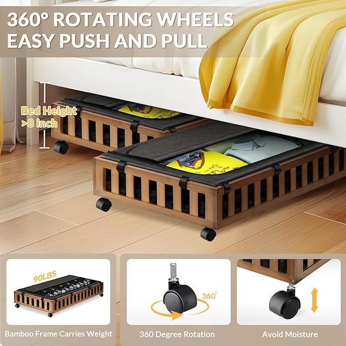2 Pack Bamboo Under Bed Storage with Wheels, 39”x20”x7.8” Lager Under Bed Storage Containers (Brown)-CasaMuseHome