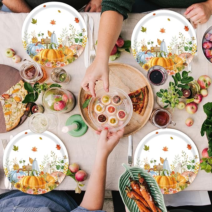 40Pcs Fall Paper Plates and Napkins Party Supplies, Disposable Thanksgiving Pumpkin Flower Wreath Plates Napkins Dinnerware Set for Autumn Theme Party Decorations (Fall)-CasaMuseHome