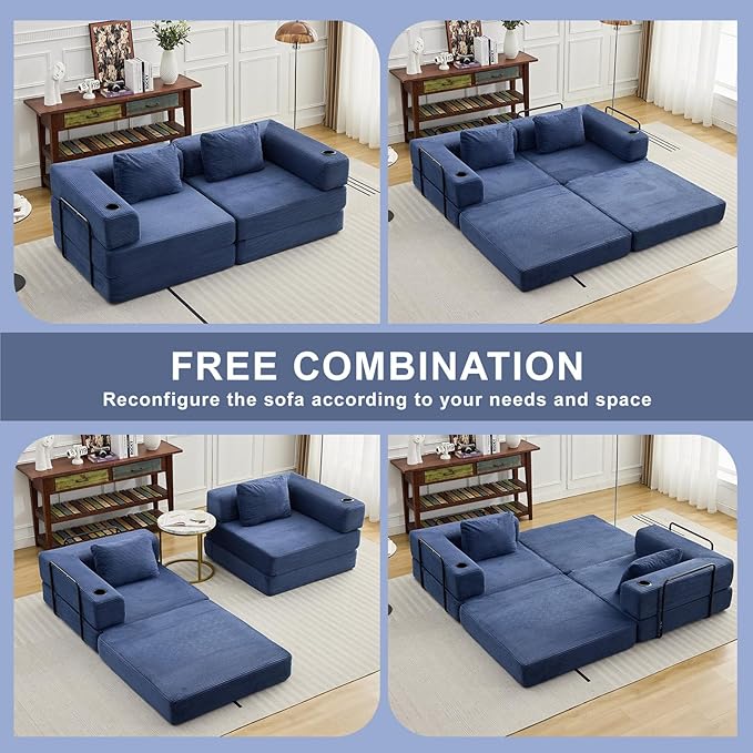 78" W Loveseat Sofa, 4 in 1 Convertible Floor Sofa Bed, Boneless Cloud Couch with Cup Holder, Fold Out Floor Couch, Loveseat Recliner Sleeper for Living Room Bedroom Lounge(Corduroy, White)-CasaMuseHome