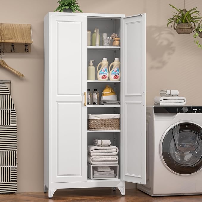 75" Kitchen Pantry Cabinet, White Metal Storage Cabinets with 2 Doors and 4 Adjustable Shelves, Tall Pantry Storage Cabinet for Kitchen, Dining Room, Living Room-CasaMuseHome