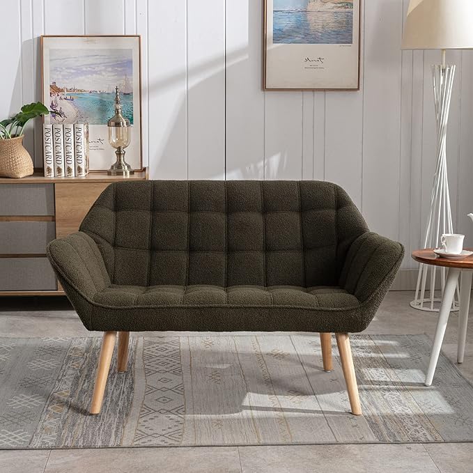 48" Small Loveseat Sofa, Modern Sherpa Mini Sofa Couch 2-Seater Fluffy Love Seat with Quilting Backs and Wood Legs for Living Room, Bedroom and Small Space, Green-CasaMuseHome