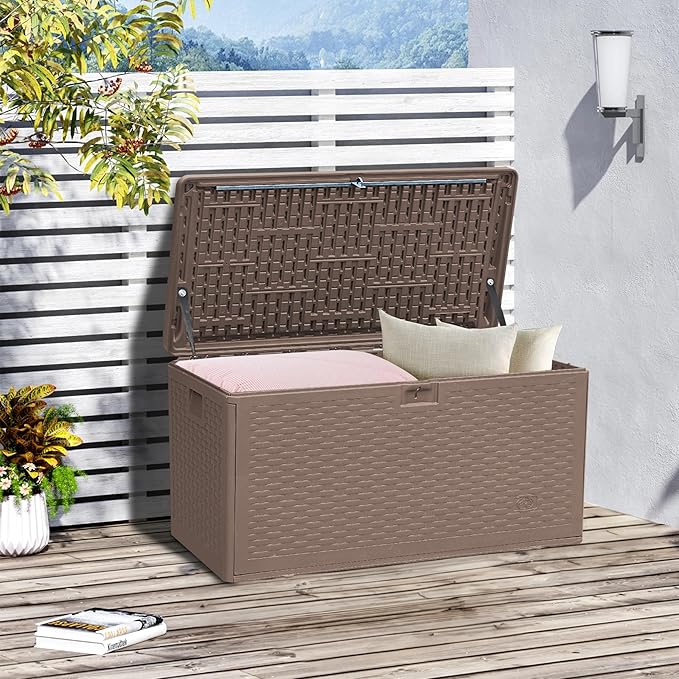 73 Gallon Pro Waterproof Outdoor Storage Pro Resin Deck Box Bin for Patio, Poolside, and Garden, Lockable & UV-Resistant, Ideal for Small Spaces, Brown-CasaMuseHome
