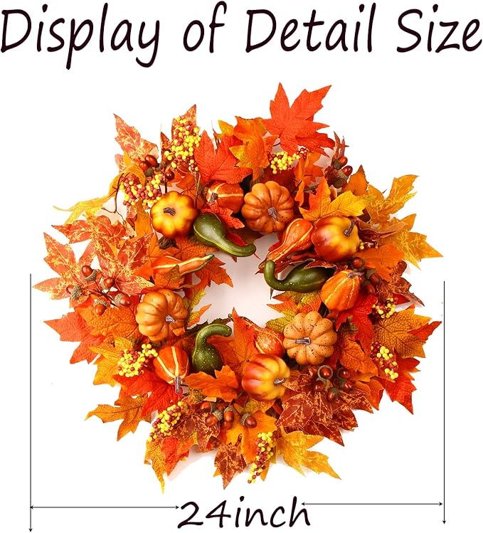 24 Inch Fall Wreaths for Front Door, Fall Decorations for Home,Fall Wreath,Autumn Wreath with Pumpkins Berries Maple Leaves for Thanksgiving Halloween Decorations Indoor Outdoor Outside Fall Decor-CasaMuseHome