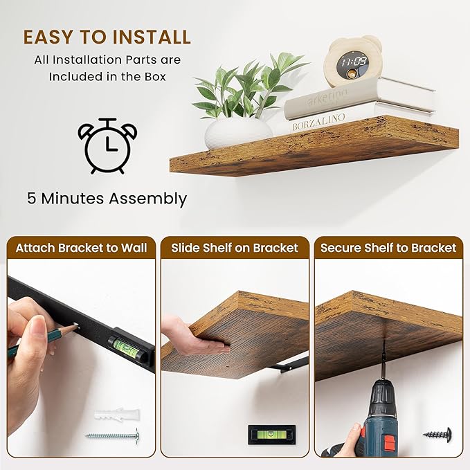 36 Inch Floating Shelves, 9.3 Inch Deep Rustic Wall Shelves - Extra Deeper Wall Mounted Storage Shelves for Bathroom, Kitchen, Living Room (Brown, Set of 2)-CasaMuseHome