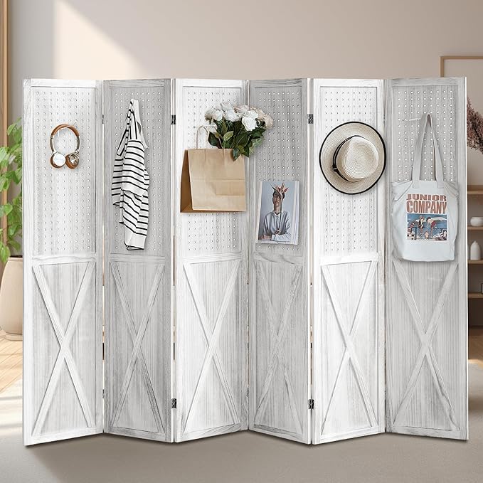 6 Panel Pegboard Room Divider, 5.6Ft Pegboard Display Folding Privacy Screens, Wood Room Divider Peg Board Display Freestanding for Trade Show Craft Show Home Wall Organizer, Retro White-CasaMuseHome