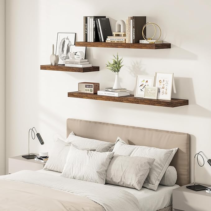 12" Deep Floating Shelves for Wall 55 Inches Long, Heavy Duty Wall Shelves for Bedroom Bathroom Kitchen Laundry Room, Farmhouse Rustic Shelves for Home Decor, 55" X 12" X 2" Set Of 2, Rustic Brown-CasaMuseHome