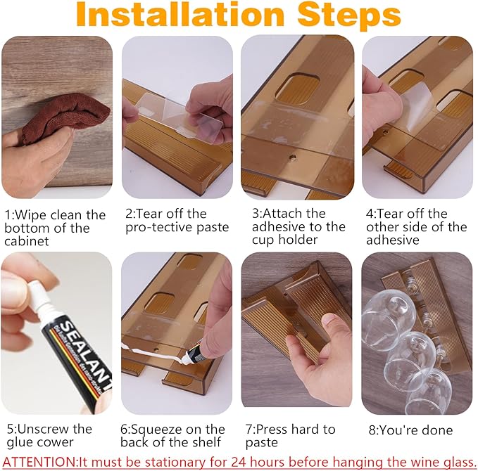 4 Pcs Wine Glass Holder Under Cabinet,Plastic Stemware Rack Punch-free Hanger Under Counter for Bar,Kitchen and Restaurant(Brown)-CasaMuseHome