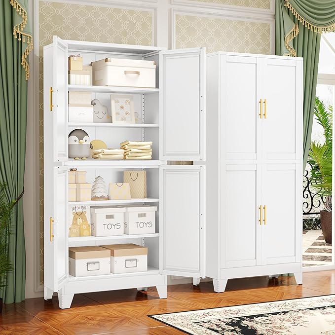 75.2" Tall Metal Pantry Cabinet, Kitchen Pantry Storage Cabinets with 4 Door and 4 Adjustable Shelves, White Storage Cabinet, Freestanding Cupboard for Kitchen Dining Room Living Room Bathroom-CasaMuseHome