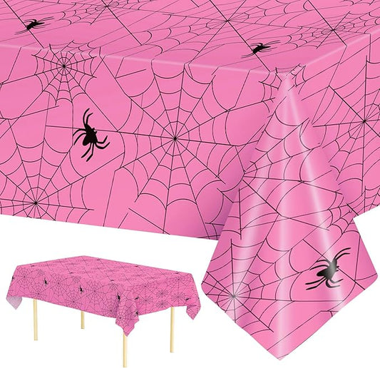 2 Pcs Halloween Tablecloth - Plastic Halloweens Spider Webs Table Cloth, Pink Disposable Rectangle Spiderweb Table Cover for Halloween Party Decorations Supplies Favors Tables Decor, 108 x 54 Inch-CasaMuseHome