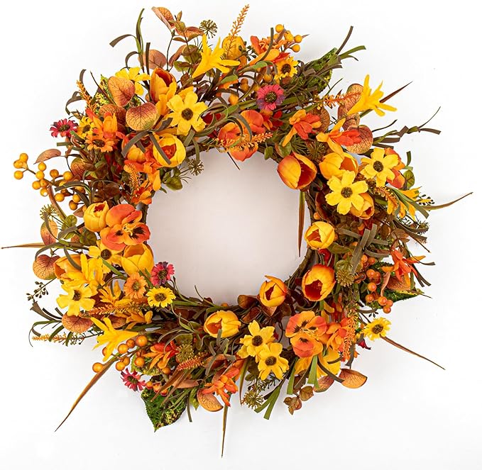 18 Inches Fall Wreaths for Front Door Rustic Autumn Wreath Farmhouse Fall Floral Wreaths with Tulips Phalaenopsis Orange Wildflowers for Wall Window Porch Indoor Outside Decor-CasaMuseHome