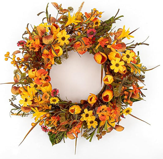 18 Inches Fall Wreaths for Front Door Rustic Autumn Wreath Farmhouse Fall Floral Wreaths with Tulips Phalaenopsis Orange Wildflowers for Wall Window Porch Indoor Outside Decor-CasaMuseHome