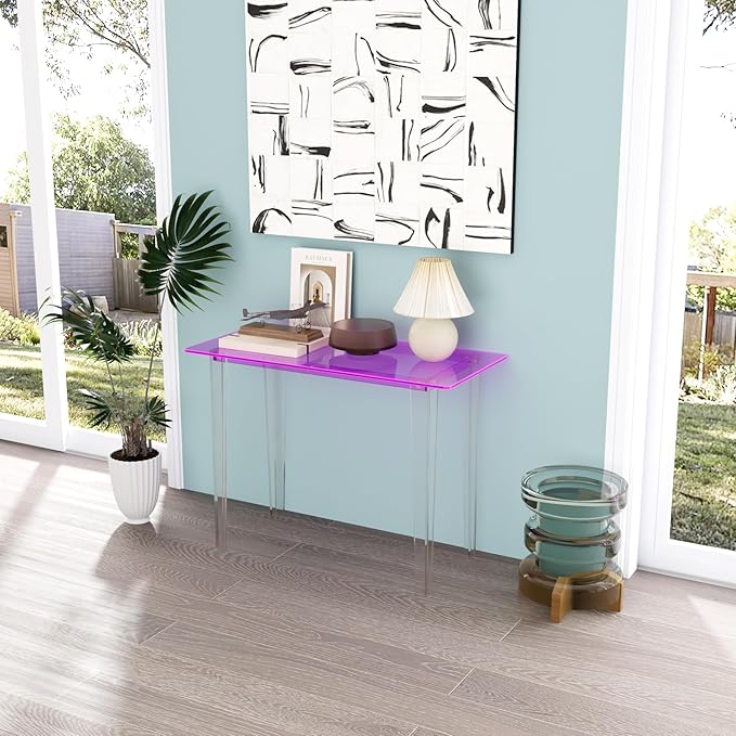 Acrylic Desk, Modern Study Table for HomeOffice-Extended Surface Multi-Purpose Console & EntrywayTable, Sturdy Lightweight Design（(42.5-inch, Pink)-CasaMuseHome