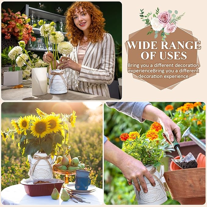 6 Inch Farmhouse Vase Decor Milk Can Vintage Flower Jug Galvanized Metal Vase with Handle Rustic Flower Buckets for Thanksgiving Christmas Table Centerpiece Weddings Gifts(Retro White,2 Pcs)-CasaMuseHome