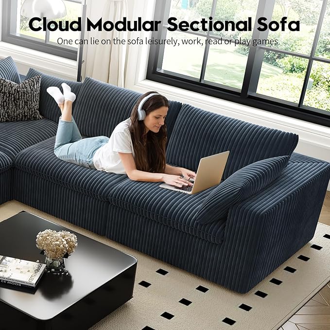 157.5" Cloud Couch Modular Sectional Sofa for Living Room,Modern Sofa with Deep Seat，L-Shape Boneless Couch with Ottoman,Comfy Upholstered Corduroy Couches for Apartment, Studio, Office,Bedroom，Blue-CasaMuseHome
