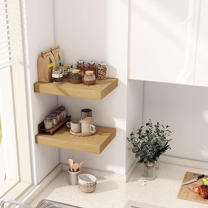 12 Inch Deep Floating Shelves, 16 x 12 Floating Shelf for Books, Rustic Wood Deep Wall Shelves for Home Storage & Display, 2" Thicked Shelves for Kitchen, Living Room, Bedroom, Oak Color, 2 Pack-CasaMuseHome
