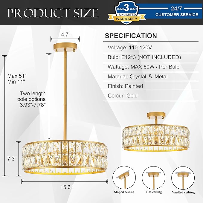 16” 4-Light Modern Crystal Chandeliers Gold Dinning Room Light Fixture, Round Pendant Light Kitchen Island Chandelier, Flush Mount Ceiling Light for Living Room Entryway Bedroom Foyer-CasaMuseHome