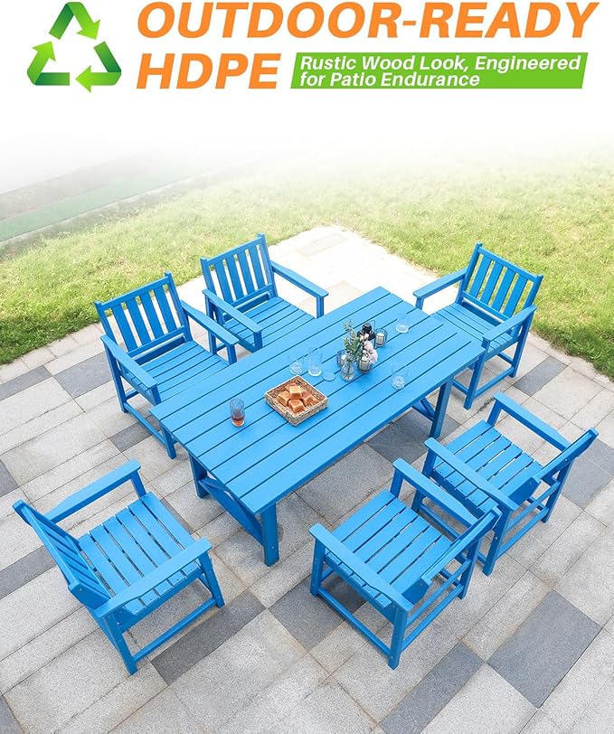 7 Pieces HDPE Outdoor Dining Set, Patio Dining Set with Umbrella Hole, All Weather Outdoor Dining Table Sets for 6, HDPE Patio Furniture Sets for Deck, Backyard, Lawn, and Poolside, Sky Blue-CasaMuseHome