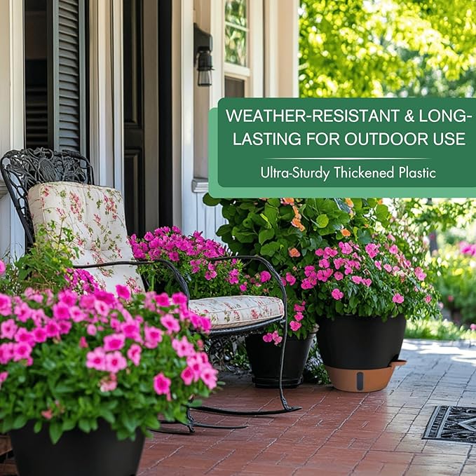 2 Pack 10 inch Plant Pots, PP Plastic Self Watering Plant Pot with Drainage and Tray for Indoor Outdoor Plants , Water Level Window & Reservoir Flower Pots Decorative Planter (Black, 10 Inch)-CasaMuseHome