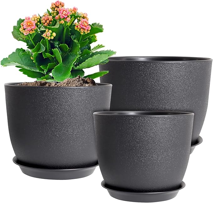 9/8/7.5 inch Plant Pots, Set of 3 Modern Decorative Plastic Planters with Drainage Holes and Tray, Flower Pots for Indoor Outdoor Plants, Black-CasaMuseHome
