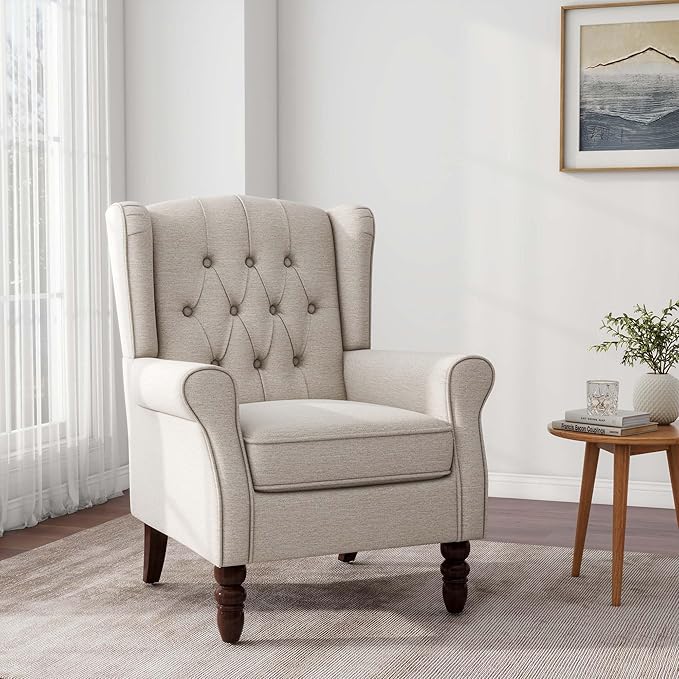 Accent Chair, Upholstered Armchair with Button Tufted High Back & Solid Wood Legs, Comfy Wingback Reading Single Sofa Chair for Small Spaces, Living Room, Bedroom-CasaMuseHome
