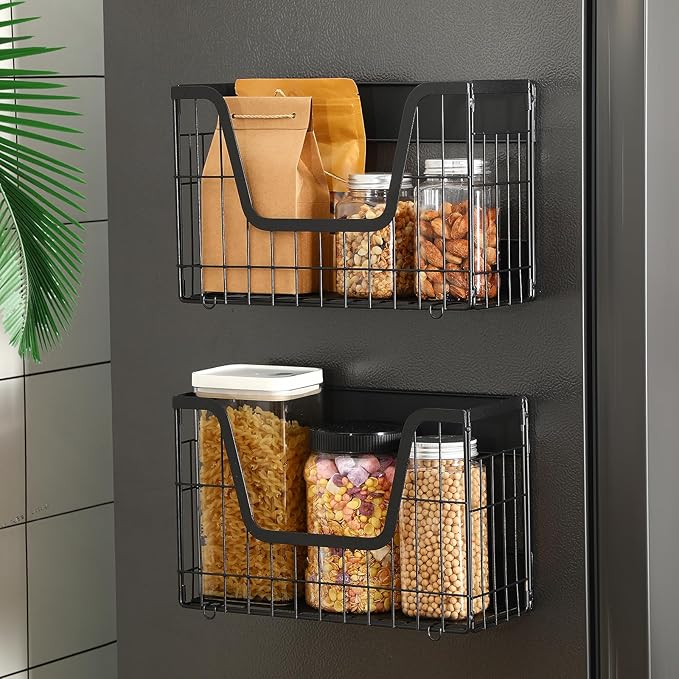 2 Pack Magnetic Shelf for Fridge Fruit Storage Container Fridge Magnetic Baskets Fruit Potato Onion Storage Bins, Pantry Organizer Refrigerator, Kitchen Counter, Cabinet, 12.4 x 7.9 x 5 Inch-CasaMuseHome