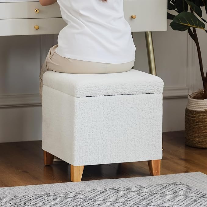 Adeco 18 Inch High Faux Fur White Cube Ottoman Storage, 3D Embossed Velvet Chair Foot Stools, Upholstered Vanity Stool with Hinged Lid, Solid Wood Legs-CasaMuseHome