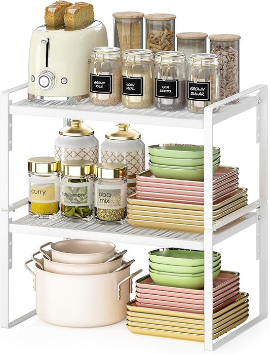 2 Pack Kitchen Countertop Organizer, Stackable Cabinet Shelf Organizer, 2 Tier Adjustable Kitchen Counter Shelves Riser For Pantry Cupboard Bathroom Organization And Storage, Desk Shelf,Spice Rack-CasaMuseHome
