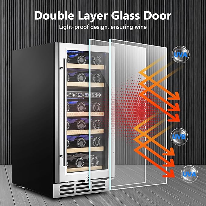15 Inch Dual Zone Wine Refrigerator, 29 Bottle Under Counter Wine Fridge, Wine Refrigerator for Built-In or Freestanding, Wine Cooler with Removable Shelves, Double-Layer Glass Door, for Home-CasaMuseHome