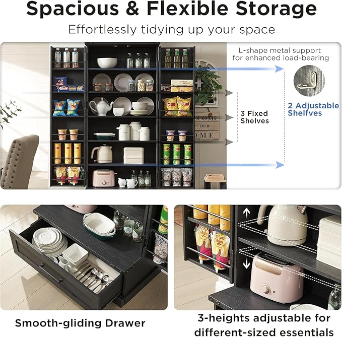 72" Farmhouse Kitchen Pantry Cabinet with Drawer, Tall Storage Cabinet with 2 Barn Doors and Shelves, Versatile Large Rustic Storage for Dining Room, Bathroom, Living Room, Black-CasaMuseHome