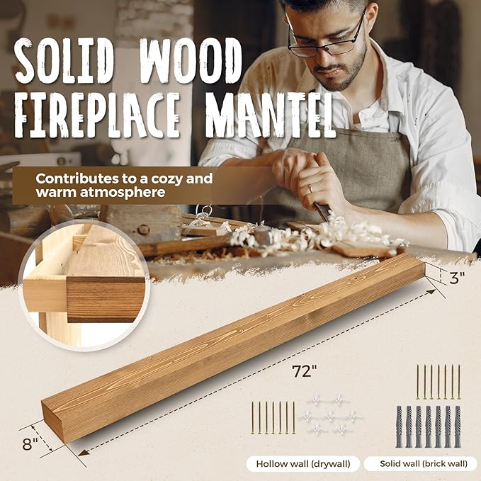 72x8x3 Fireplace Mantel - Handcrafted Hollow Rustic Solid Wood Wall Mounted Floating Shelf with Invisible Heavy Duty Wood Bracket (Natural Wood)-CasaMuseHome