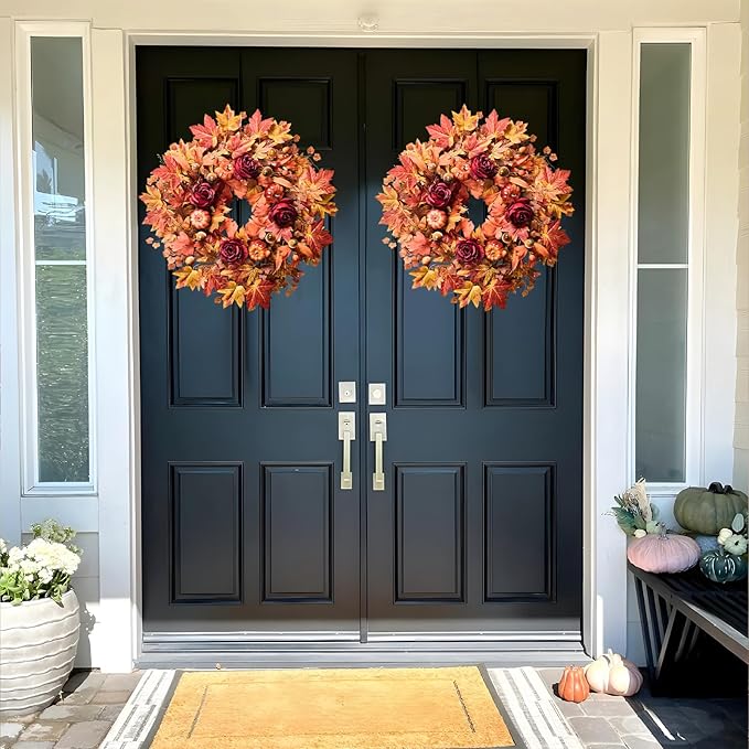 26'' Large Fall Wreath for Front Door, Autumn Wreaths for Outdoor Home Decor - Farmhouse Wreath with Maple Leaves, Pumpkins, Roses, Thanksgiving Decoration, Rustic Harvest Festival Door Hanging-CasaMuseHome
