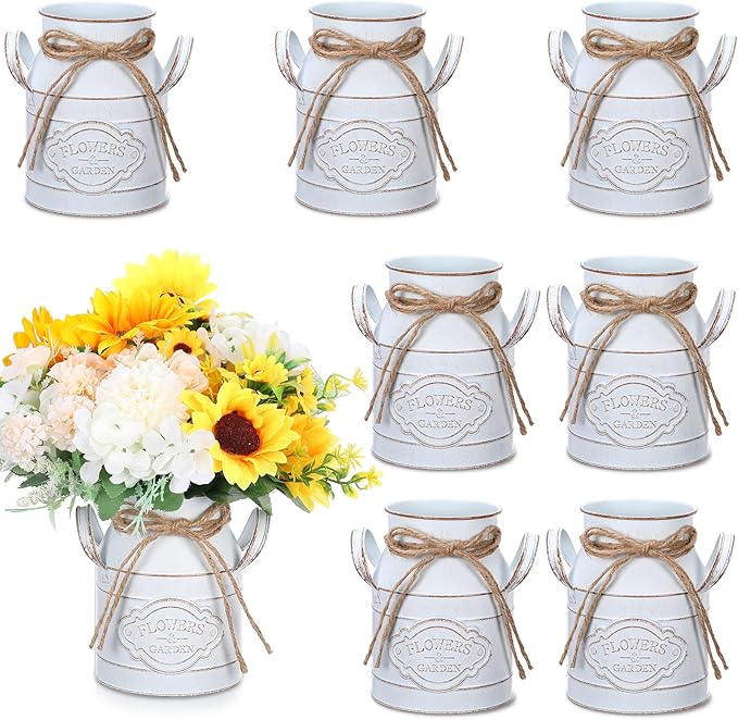 6 Inch Farmhouse Vase Decor Milk Can Vintage Flower Jug Galvanized Metal Vase with Handle Rustic Flower Buckets for Thanksgiving Christmas Table Centerpiece Weddings Gifts(Retro White,8 Pcs)-CasaMuseHome