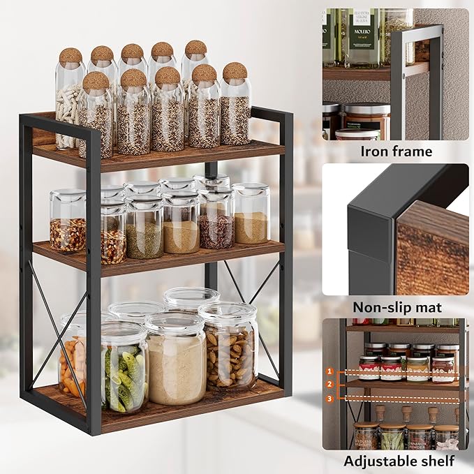 3-Tier Kitchen Spice Rack Organizer for Countertop, Coffee Counter Shelf, Mug Shelf, Bathroom Counter Organizer, Makeup Organizer, Rustic Brown and Black-CasaMuseHome