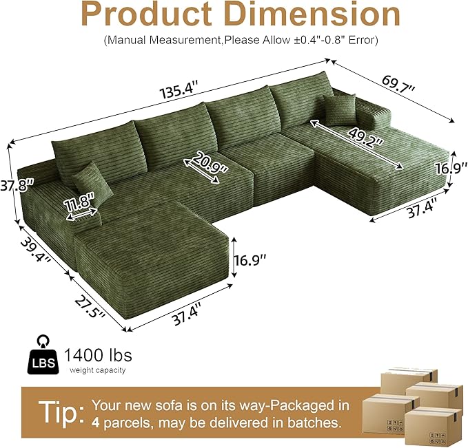 108" Sectional Couches for Living Room Modern Modular Sofa with L-Shape Couchs Upholstered Boneless Couch Deep Seat Sectional Couch with Chaise (Green, Right Facing Chaise+3Seaters+Ottoman)-CasaMuseHome