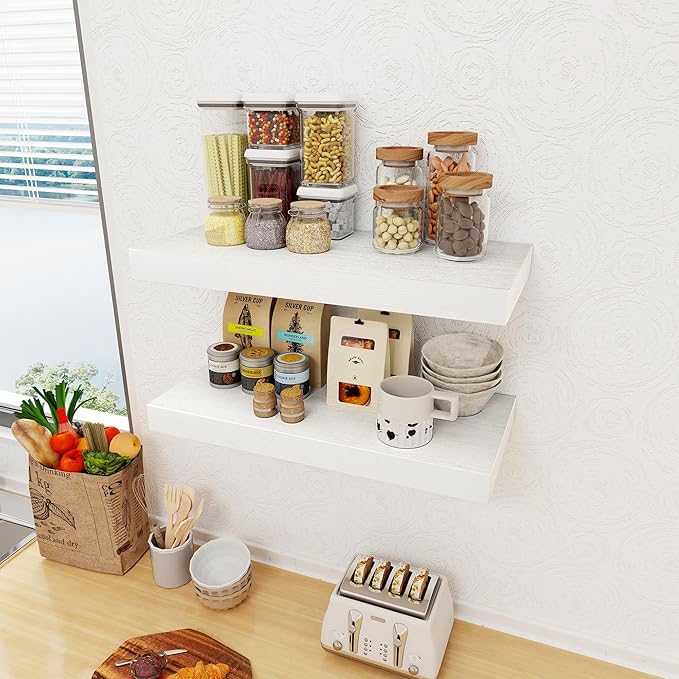 12 Inch Deep White Floating Shelves, 24 x 12 Floating Shelf for Books, Rustic Wood Deep Wall Shelves for Home Storage & Display, 2" Thicked Shelves for Kitchen, Living Room, Bedroom, 2 Pack-CasaMuseHome