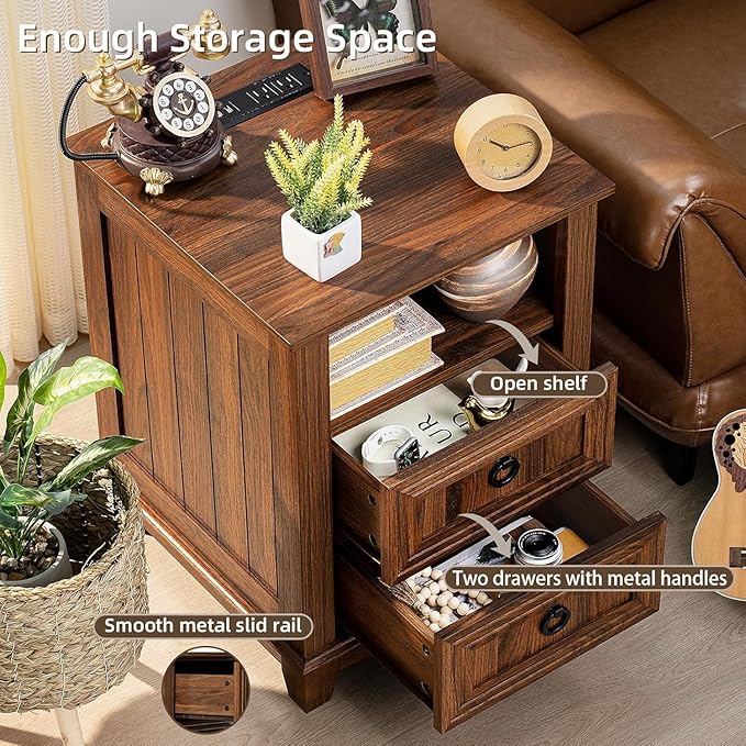 18" Farmhouse Night Stands Set of 2 with Charging Station, 2 & 3 Drawers End Table Dresser for Bedroom, Brown Wooden Nightstand, Bed Side Table with Open Shelf, Bedside Cabinet for Living Room-CasaMuseHome