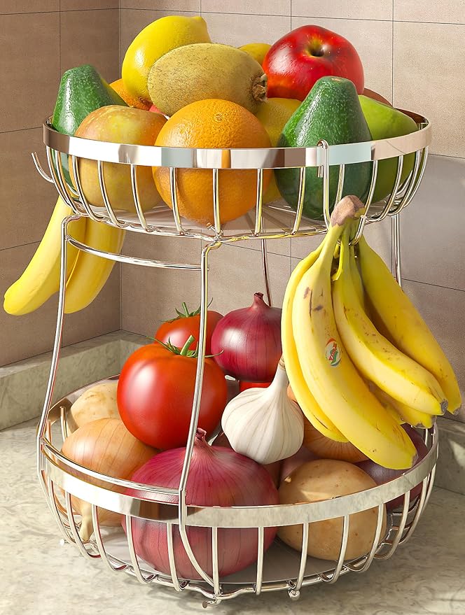 2 Tier Fruit Basket for Kitchen Counter with 2 Banana Hangers, Metal Stackable Fruit Bowl for Kitchen Counter for Bread Vegetable Fruits, Silvery-CasaMuseHome