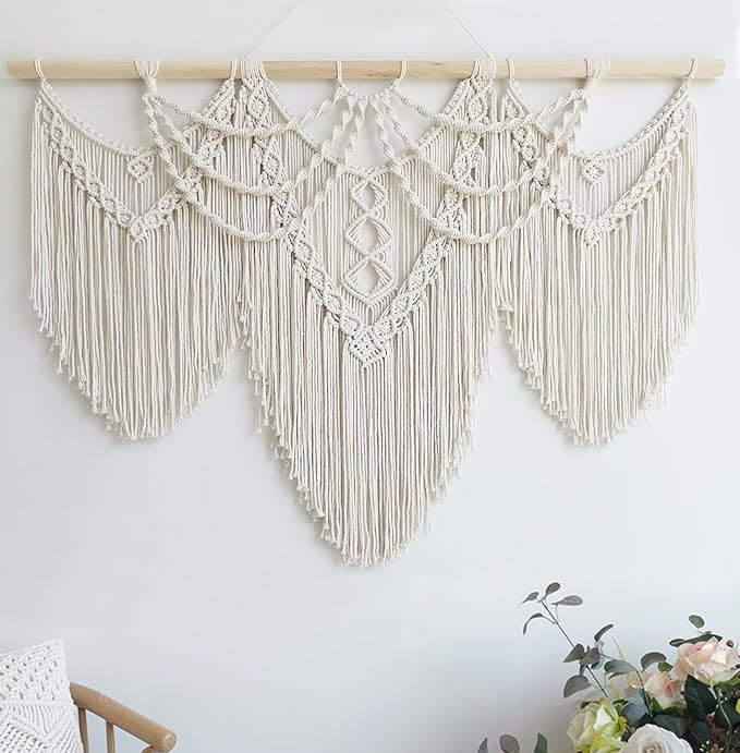 Achart Macrame Wall Hanging Large- Boho Wall Decor- large wall art- Wall Decor Living Room- Macrame Tapestry Boho Decor for Bedroom (Beige-Fringe)-CasaMuseHome