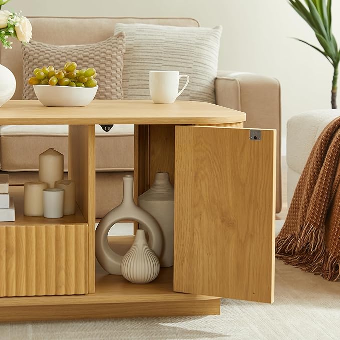 46.5" Oval Coffee Table with Drawers and Storage Mid Century Modern Fluted Solid Wood Side Coffee Tables, Luxury Tea Table Center Table for Living Rooms Offices Apartmen, Natural-CasaMuseHome