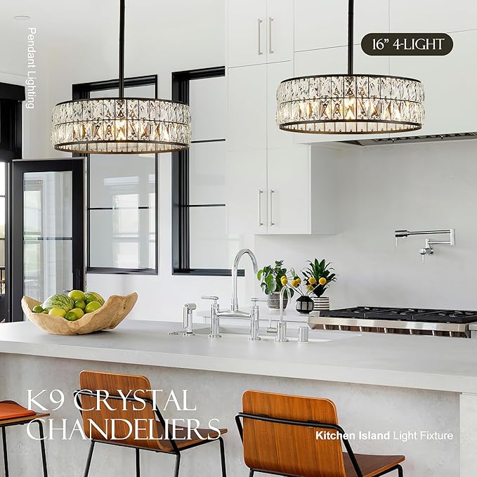 16” 4-Light Modern Crystal Chandeliers Black Dinning Room Light Fixture with Two Rods, Round Pendant Light Kitchen Island Chandelier, Flush Mount Ceiling Light for Living Room Entryway-CasaMuseHome