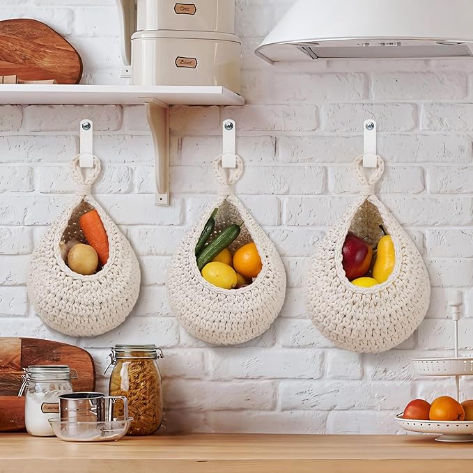 AARAINBOW Boho Wall Hanging Baskets for Kitchen Storage, Fruit Woven Wall Basket 9 Pcs, Hanging Vegetable and Onion Storage with 24 Hooks （White）-CasaMuseHome