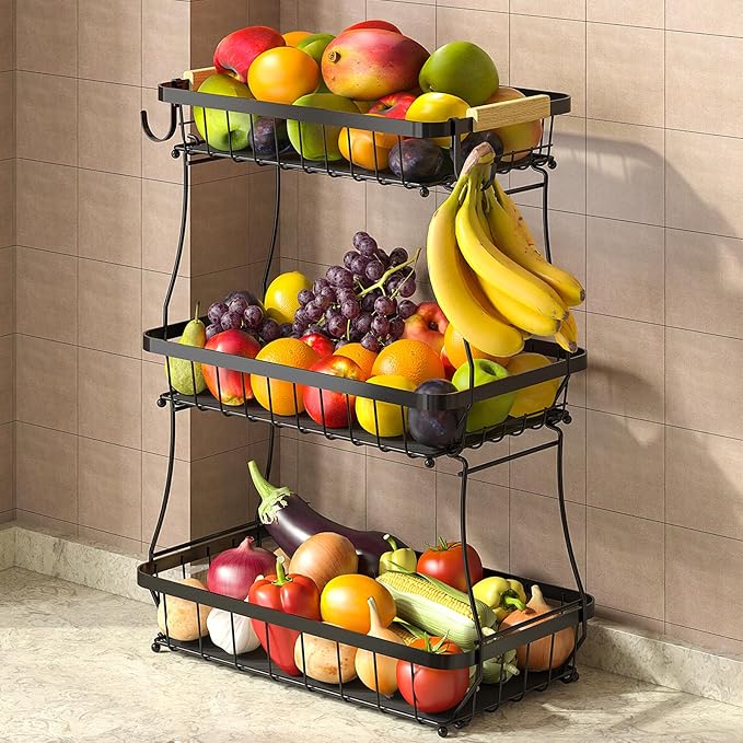 3 Tier Fruit Basket for Kitchen Counter with 2 Mobile Banana Hangers, 2025 Pro Detachable Metal Fruit Bowl with Wooden Handle, Fruit Holder for Bread Snack Veggies with Protective Mats-CasaMuseHome